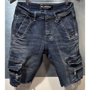 Valabasas Stretch Denim Button Fly Distressed Cargo Zippers D-Rings Shorts 29